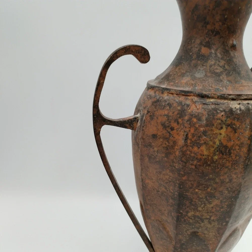 Vintage 10 In Solid Brass Double Handle Urn Vase Grecian Vessel Rustic Patina